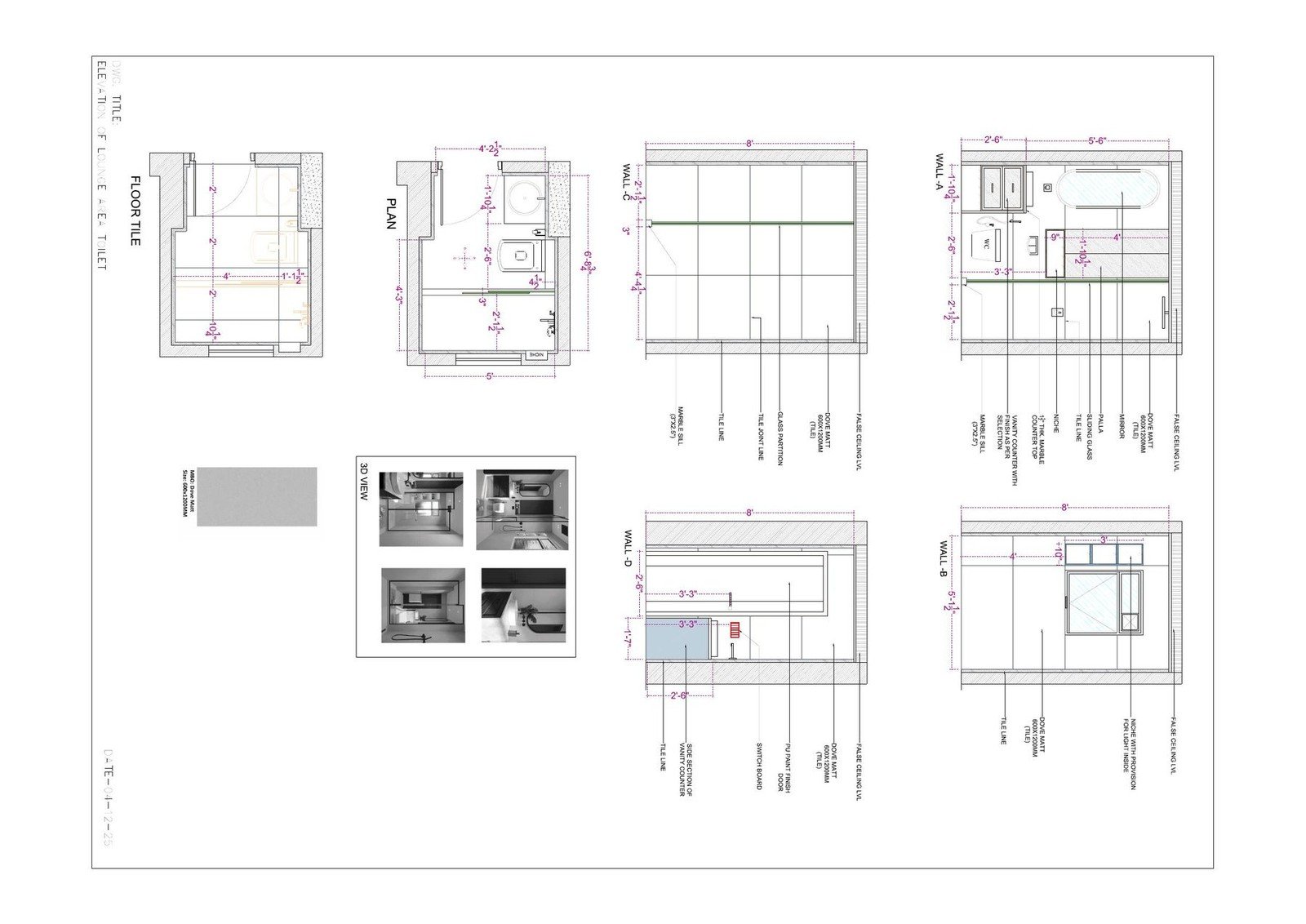 Technical drawing sheet with wall elevations and reference details