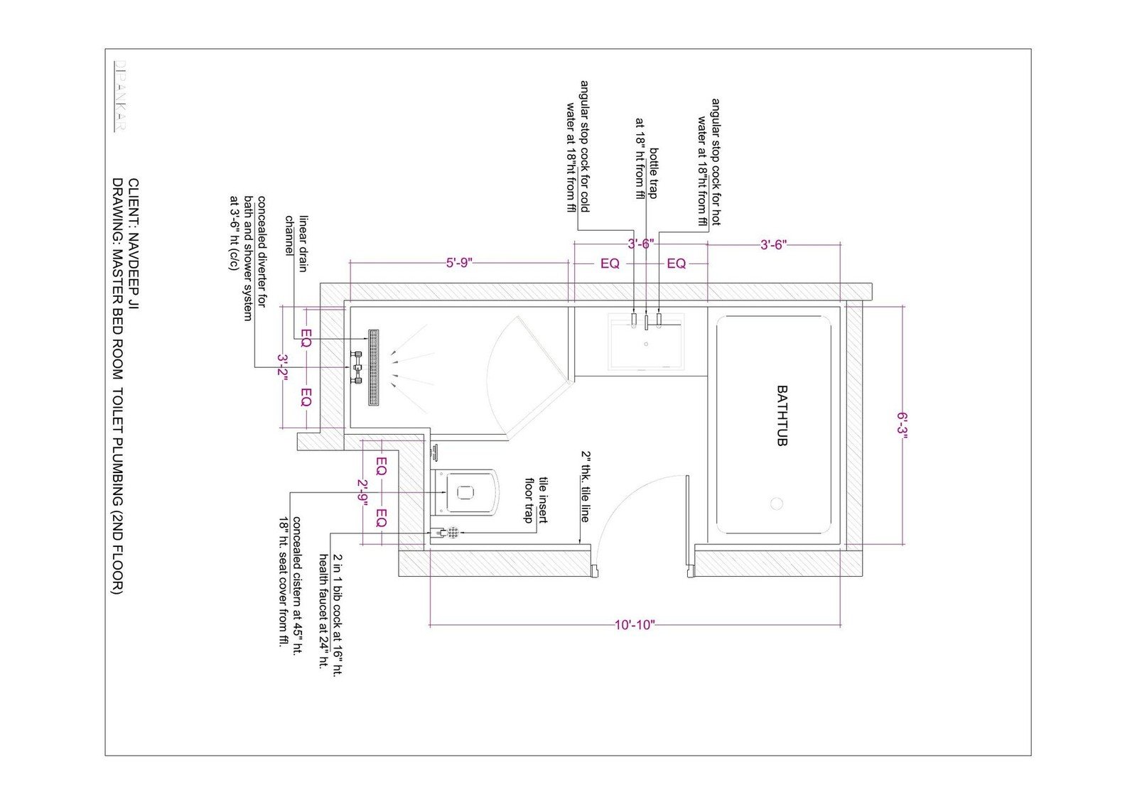 Dimensioned CAD room plan with wall annotations