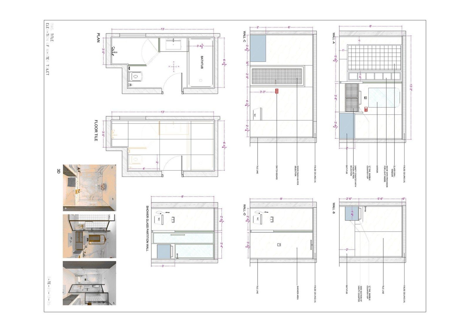 Interior CAD detail sheet with annotated elevations