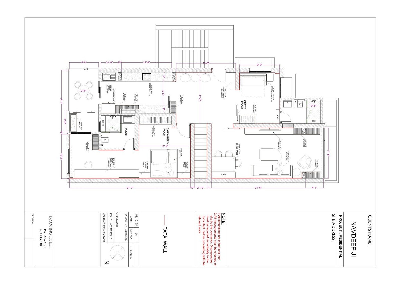 Residential layout drawing with dimensions and notes