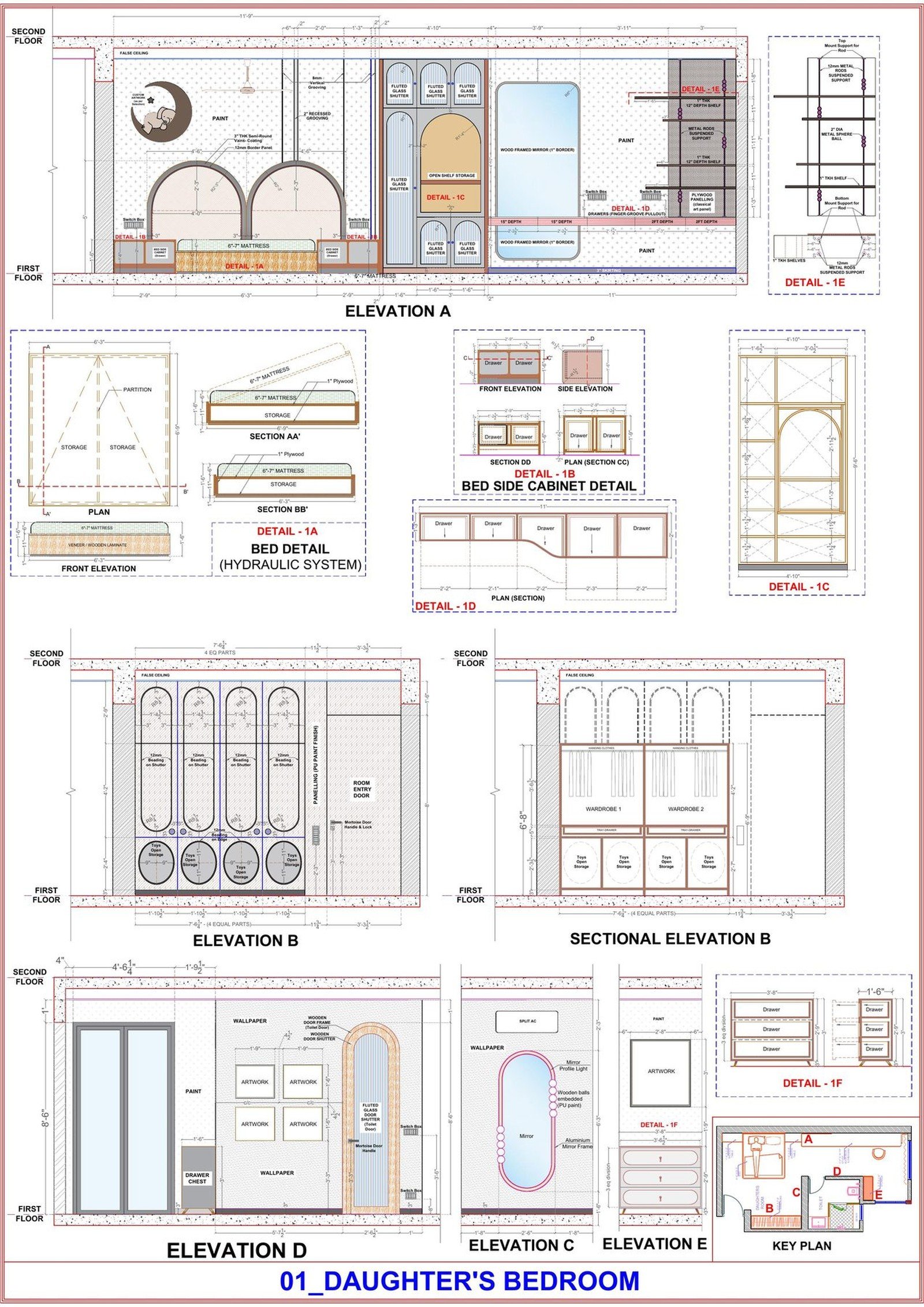Bedroom millwork drawing with cabinetry elevations and details