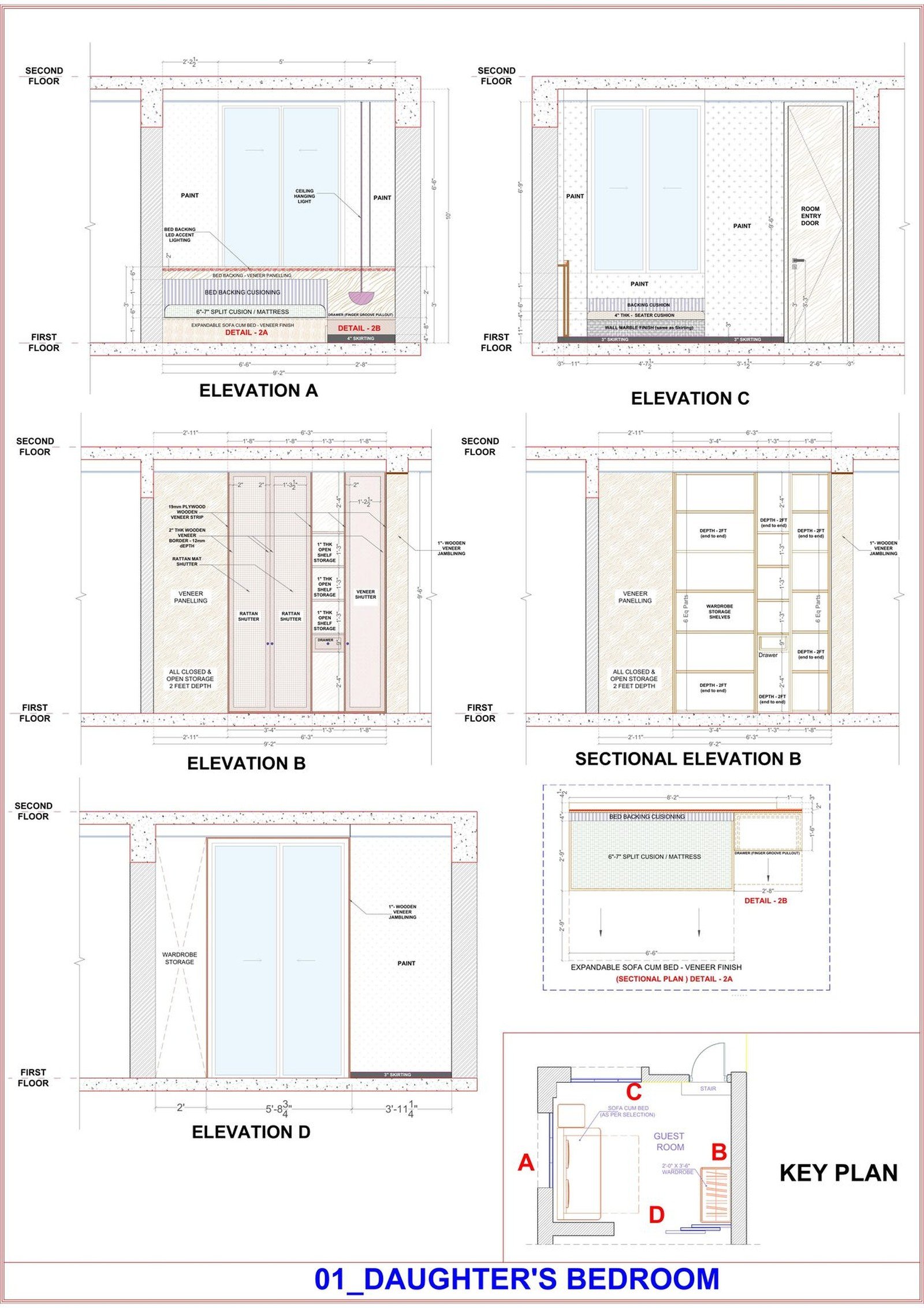 Bedroom joinery sheet showing wall elevations and a key plan