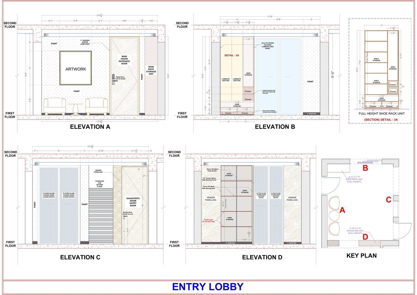 Entry lobby millwork elevations with a key plan