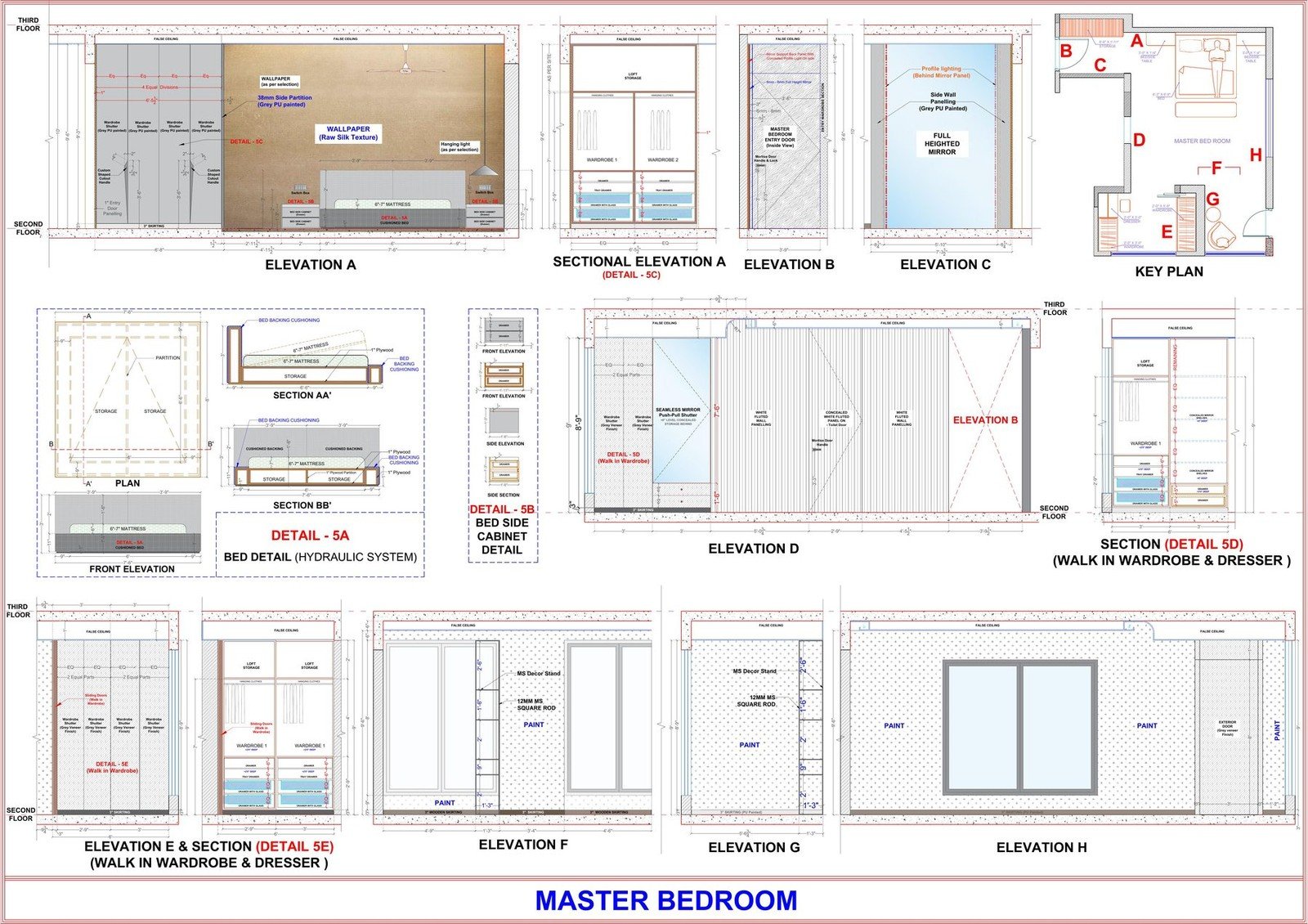 Master bedroom millwork drawings with wall and cabinetry details