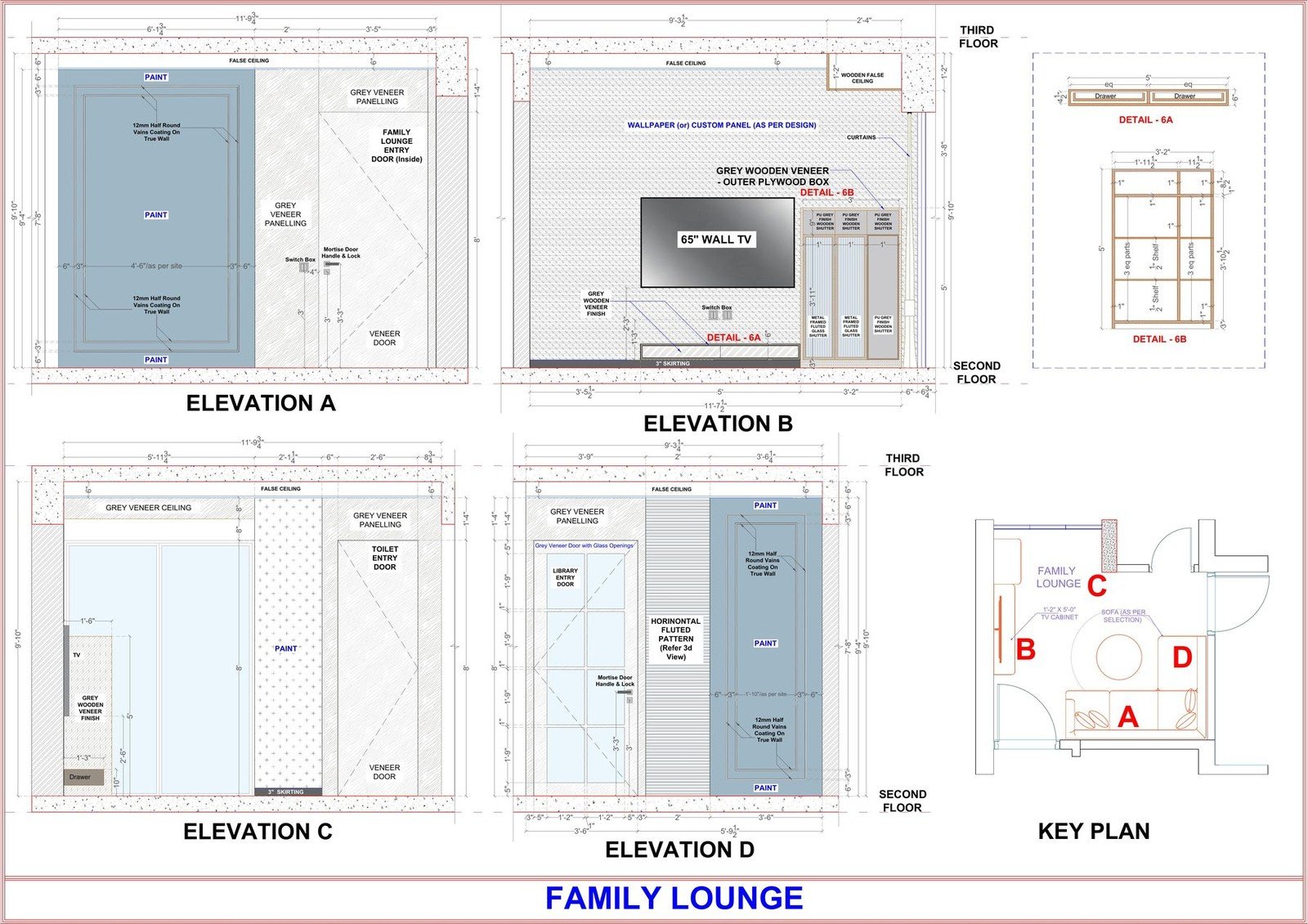 Family lounge joinery elevations and key plan