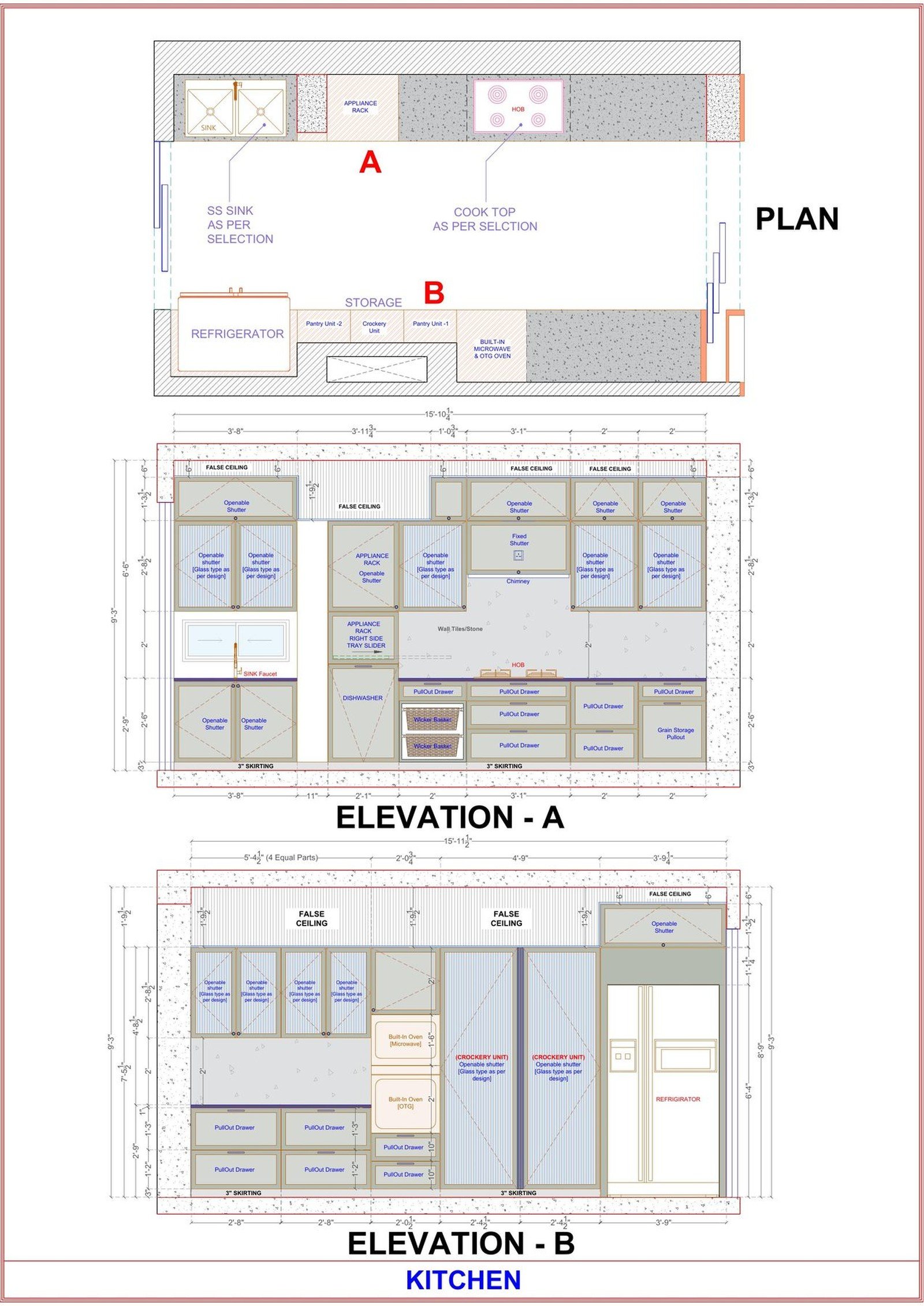 Kitchen cabinet drawing with a plan and elevations