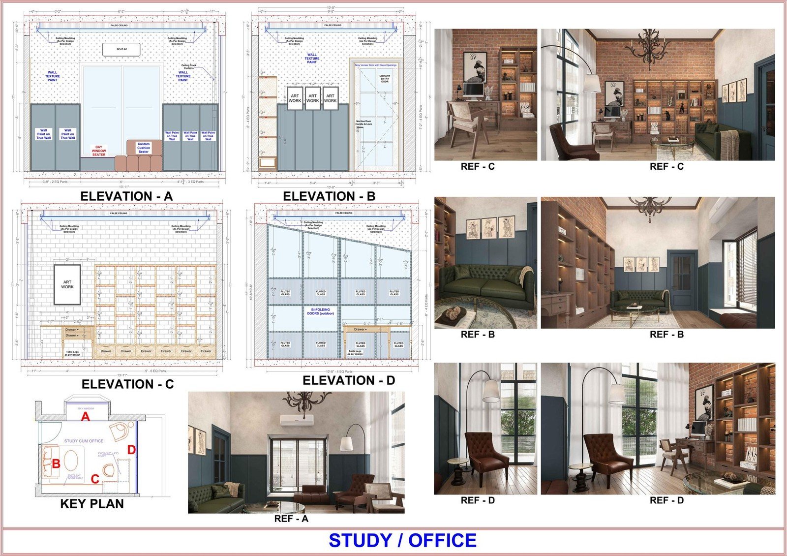 Study and office millwork elevations with finish references