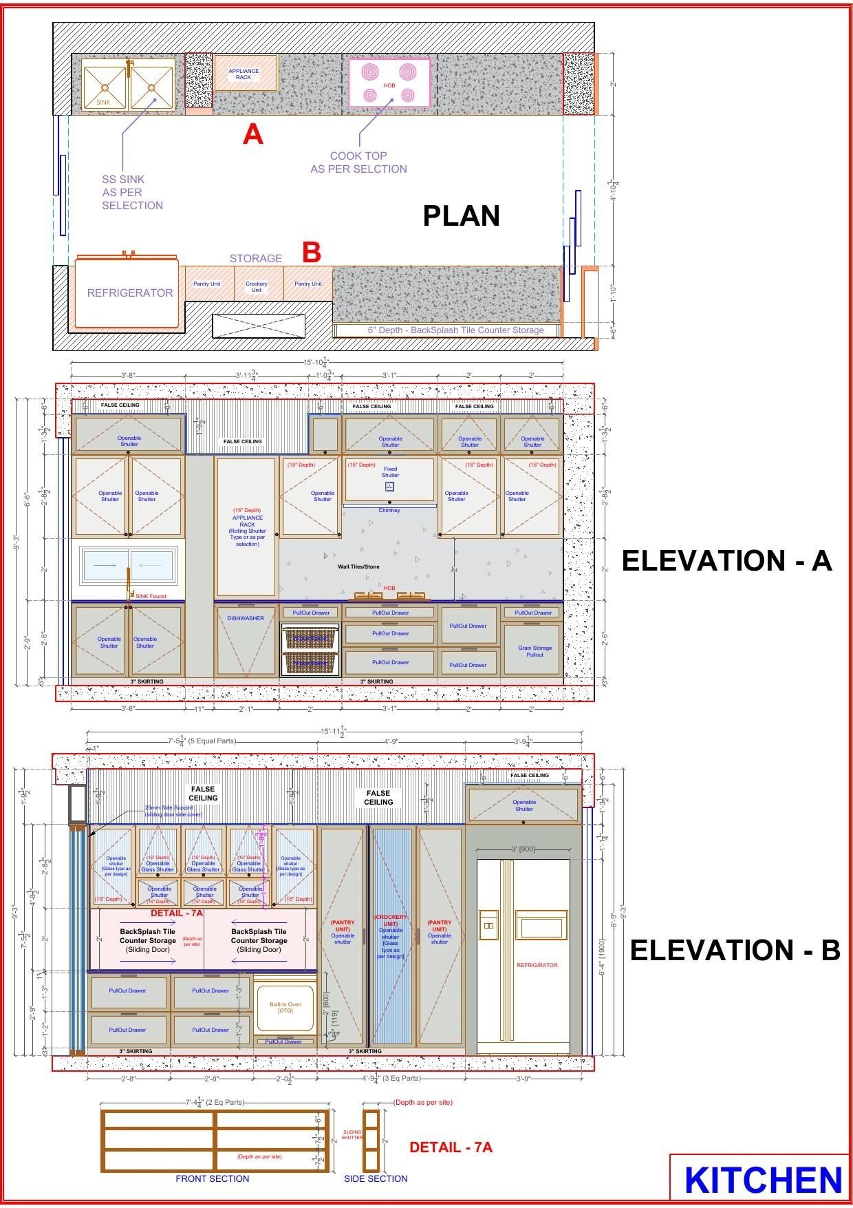 Kitchen millwork sheet with cabinet plan and elevations