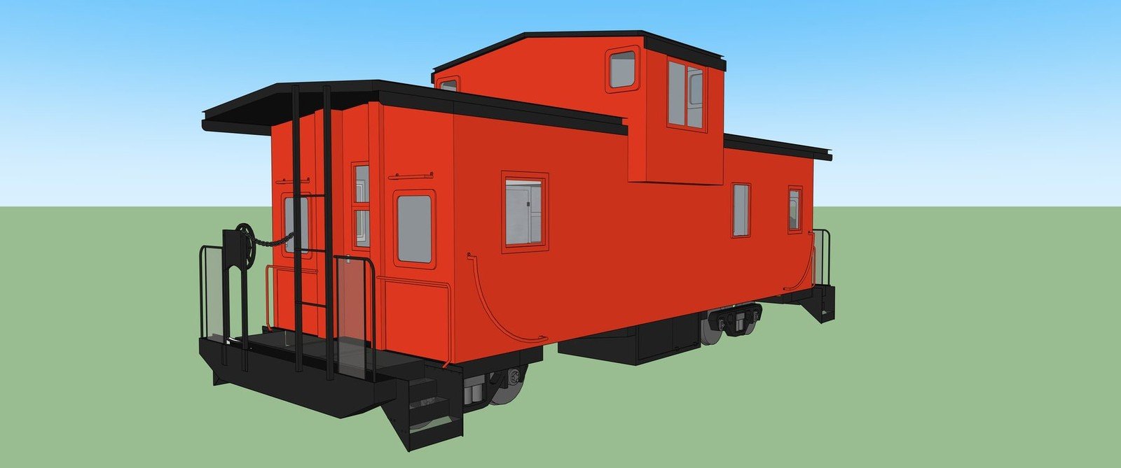 Red railway caboose model with a rear platform