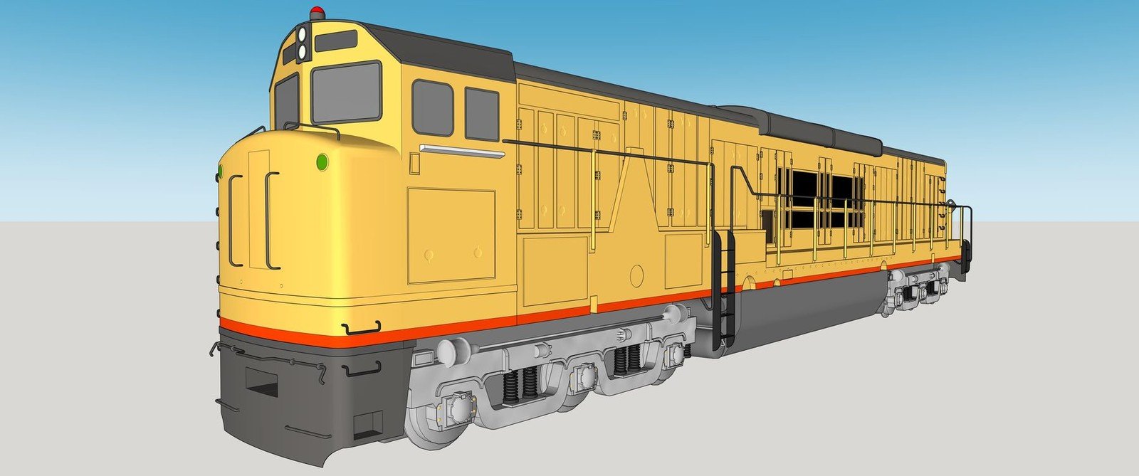Yellow locomotive model in a front three-quarter view