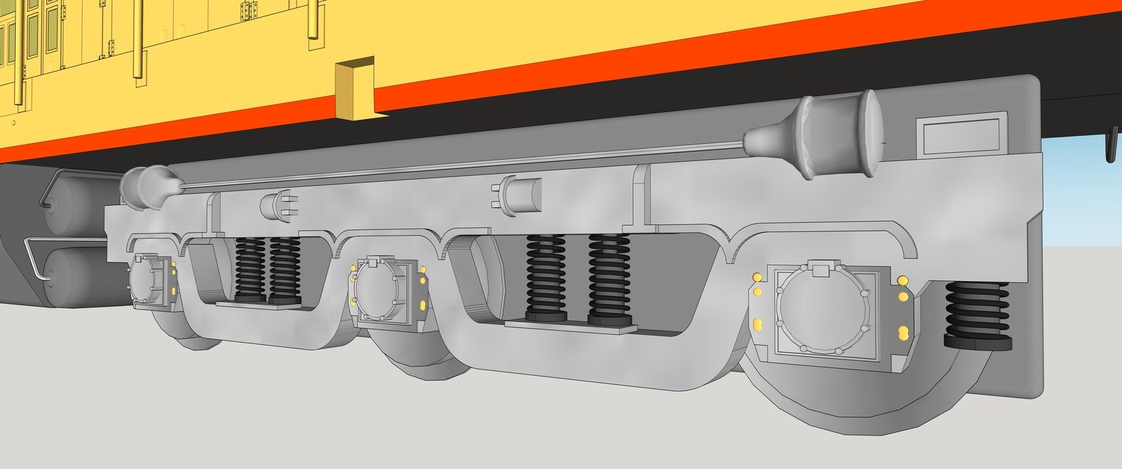 Locomotive model detail showing wheels and suspension