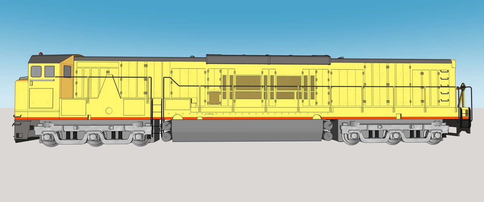Side elevation of a yellow locomotive SketchUp model