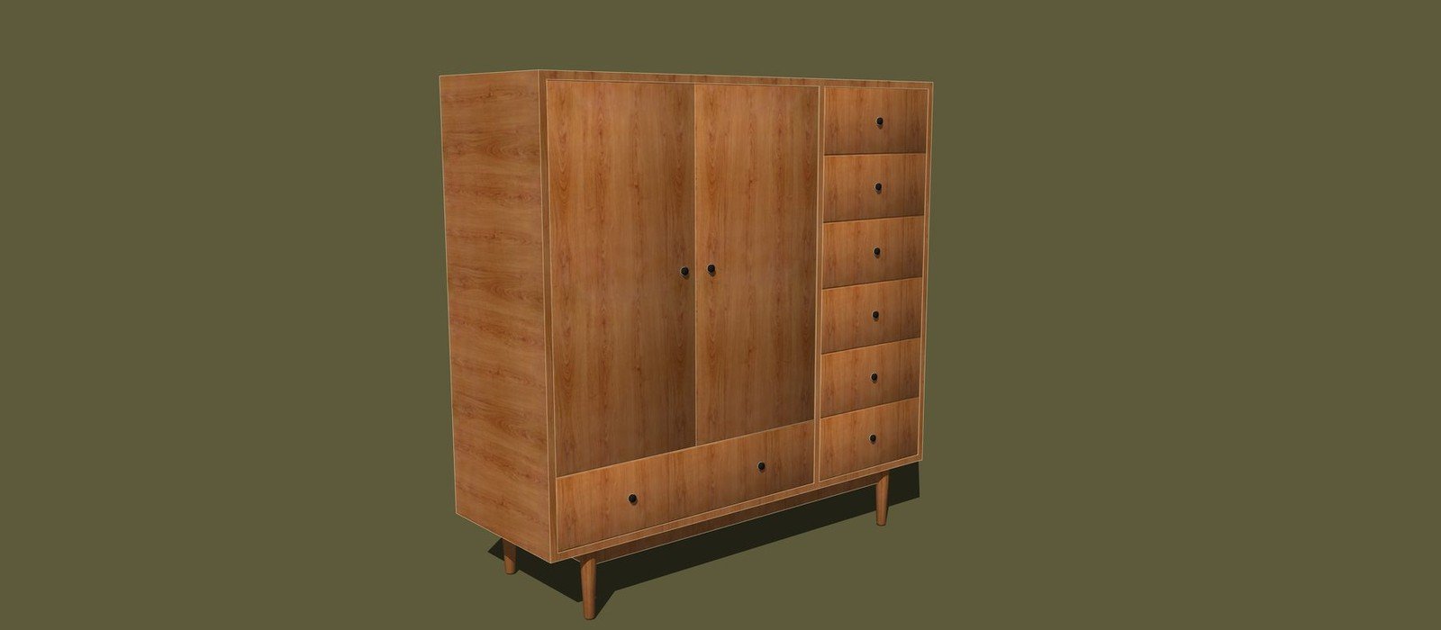 Wooden cabinet model with double doors and drawers