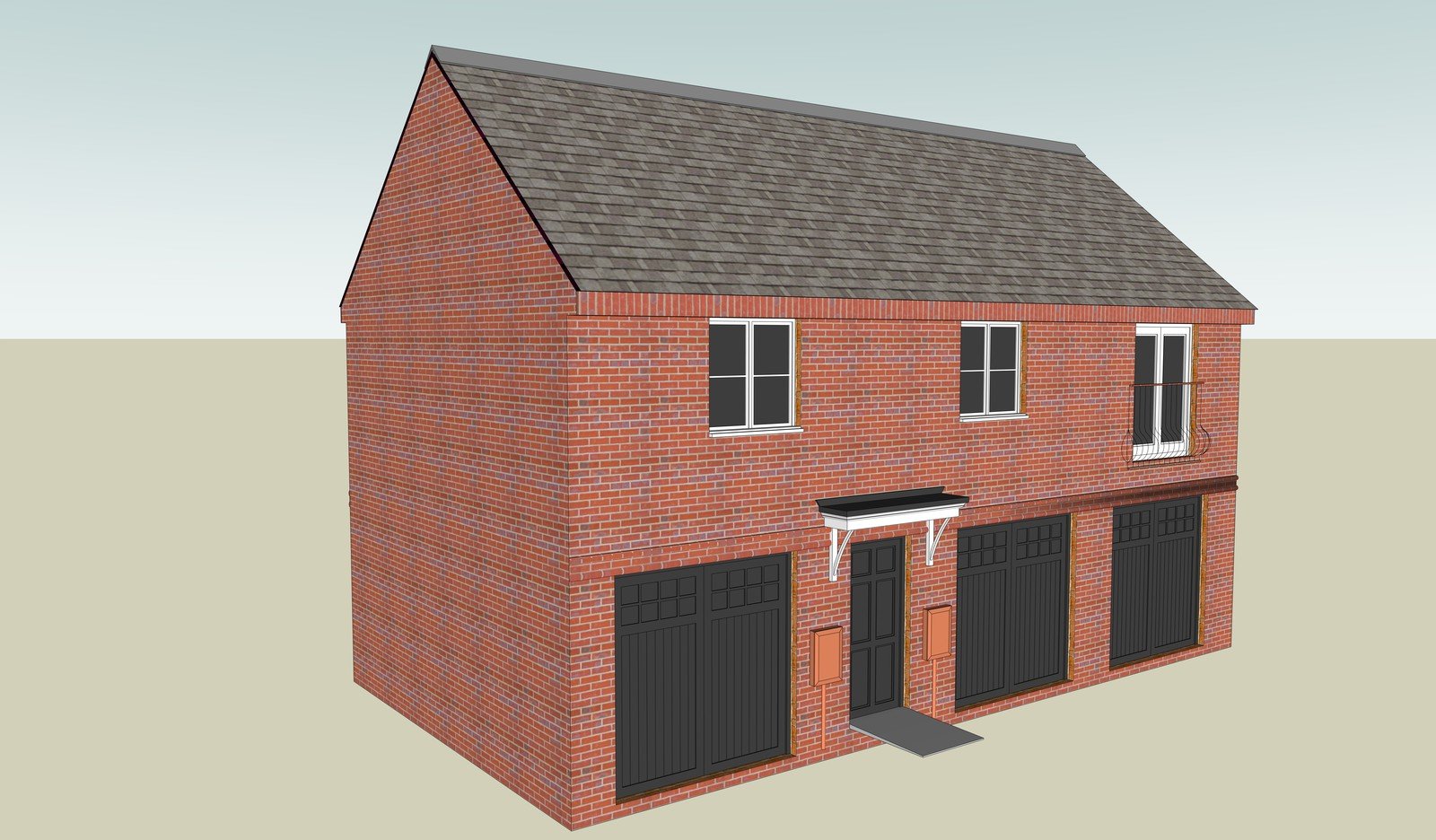 Red-brick house SketchUp model with a pitched roof and garage