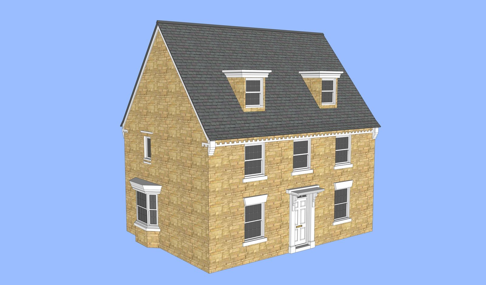 Three-storey yellow-brick house model with dormer windows