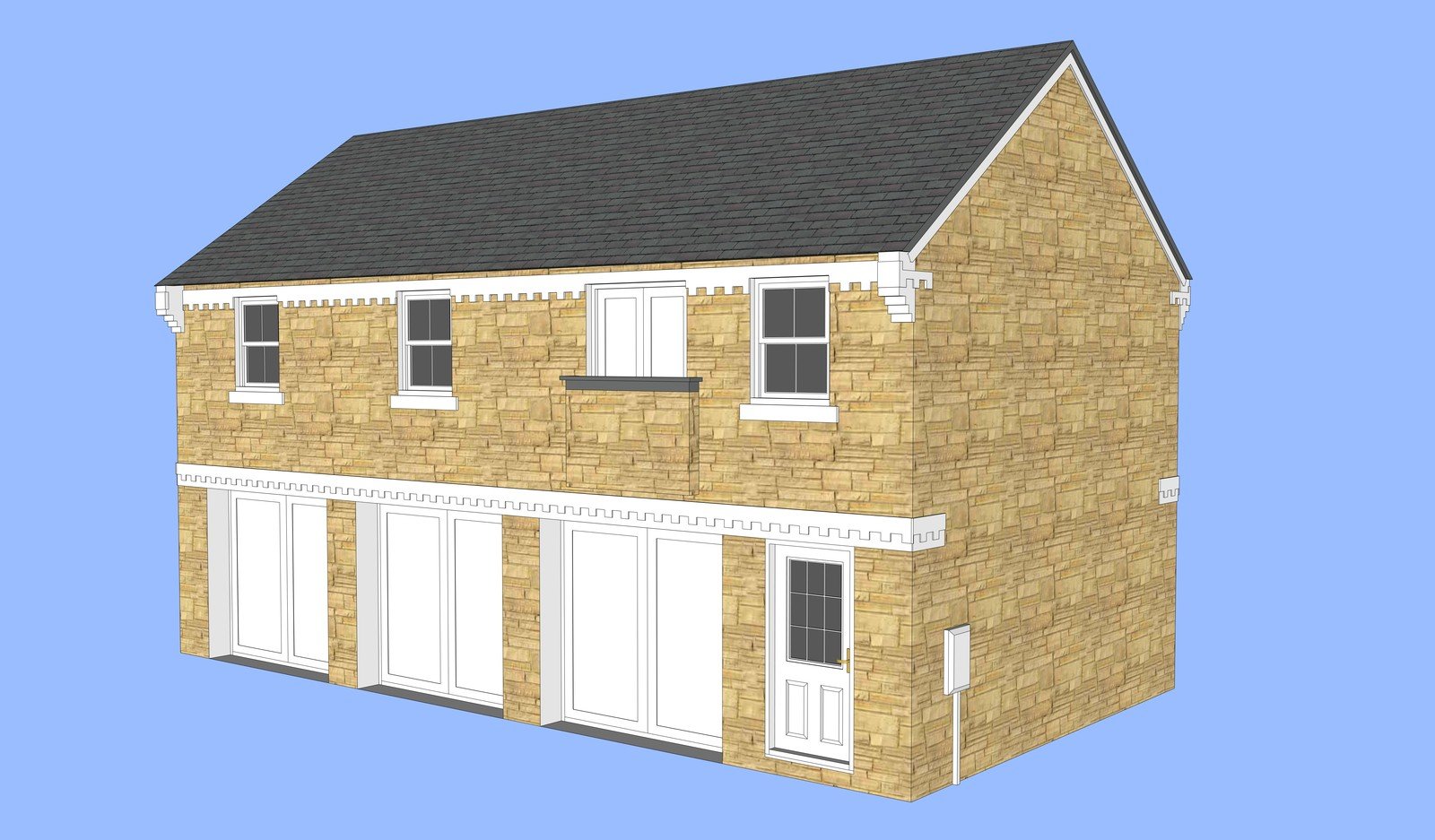 Rear view of a yellow-brick house model with glazed doors