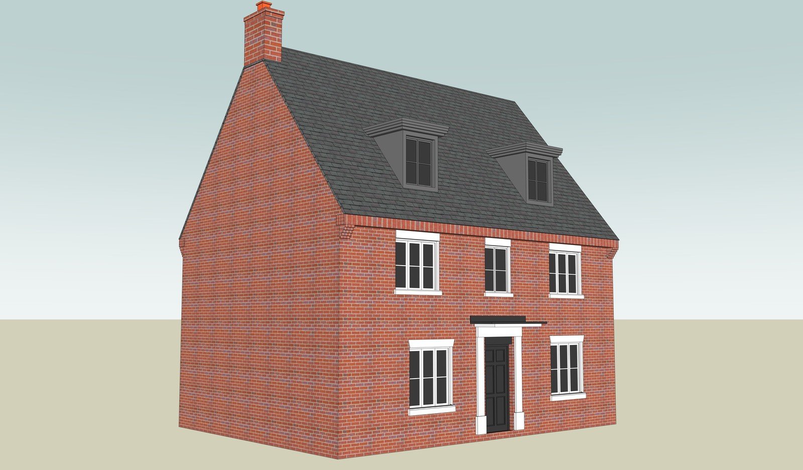 Red-brick house model with a steep roof and dormers