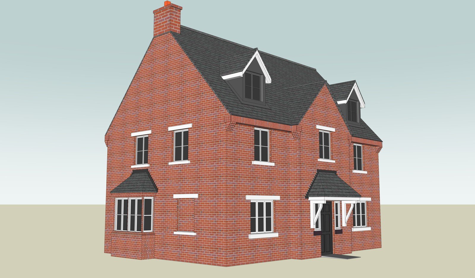 Red-brick house model with projecting bay windows