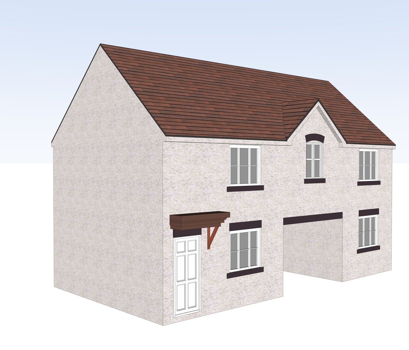 White house model with a recessed garage and pitched roof