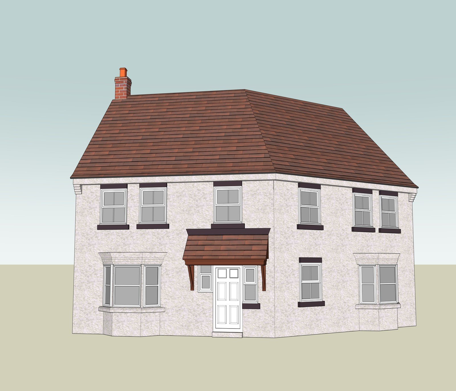 Front corner of a white house model with a tiled entrance canopy