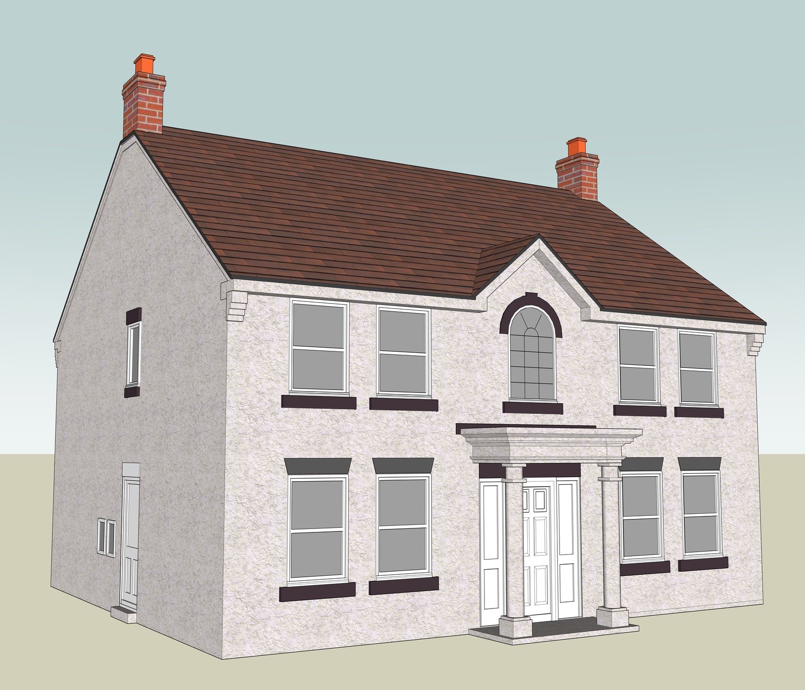 Front elevation of a white house model with a central arched window