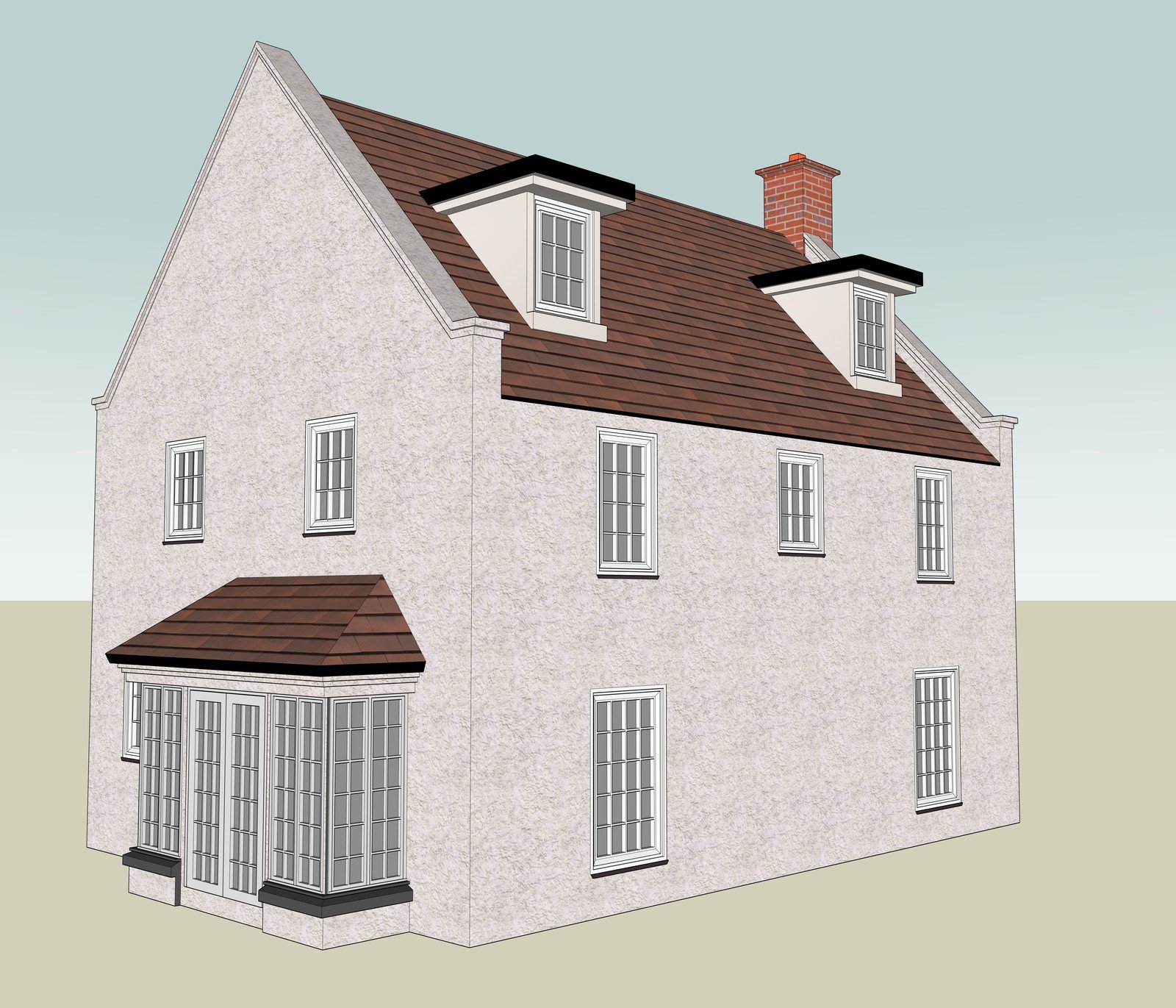 Rear corner of a white house model with roof dormers