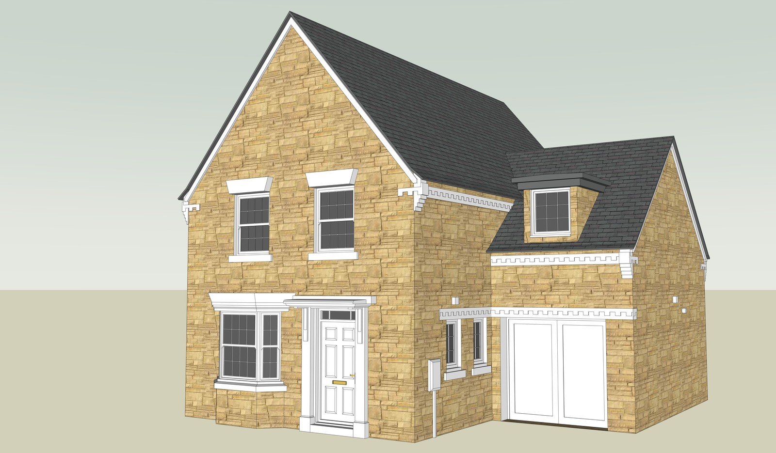 Yellow-brick house model with intersecting gables