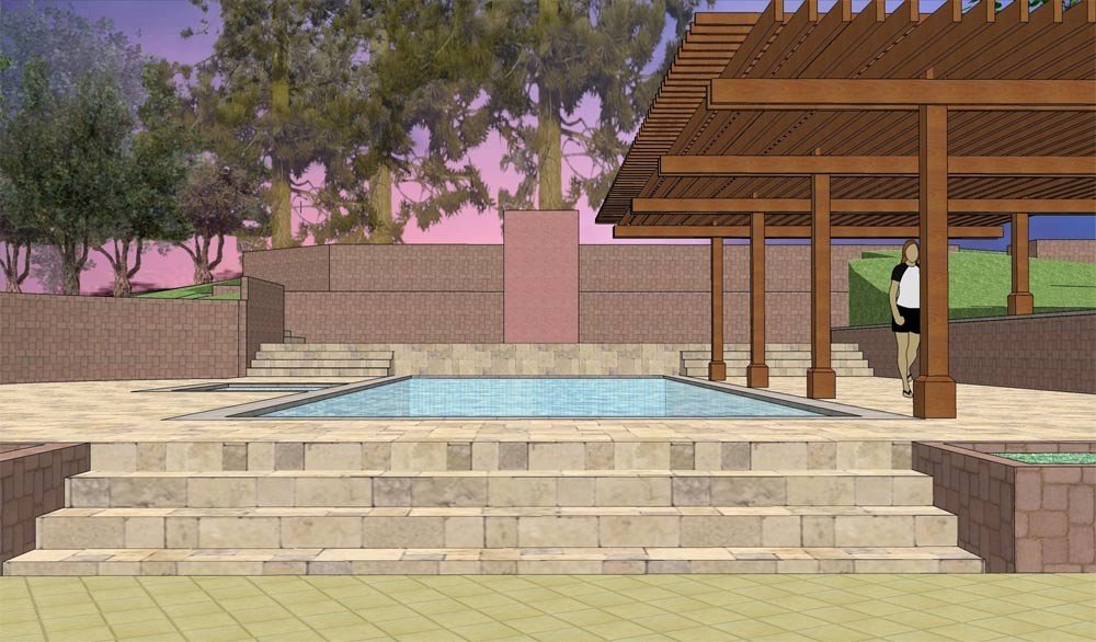 Los Gatos landscape model with broad steps leading to a pergola