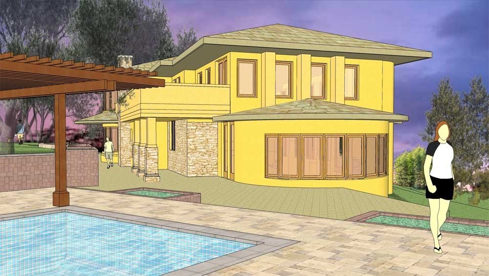 Yellow two-storey residence model beside a pool terrace