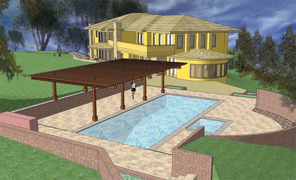 Elevated view of the Los Gatos pool and pergola model