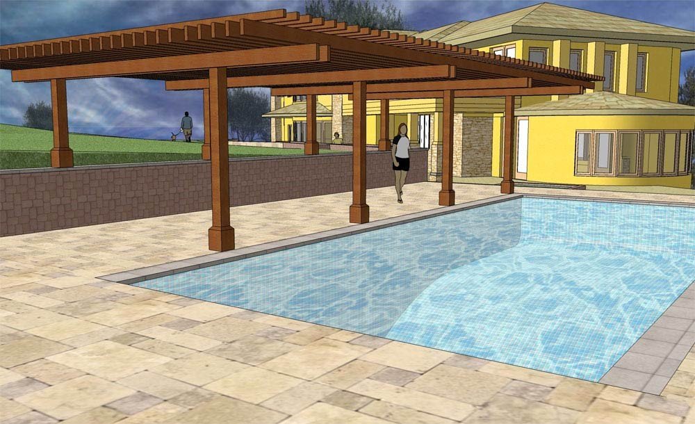 Los Gatos pool terrace model looking toward the house