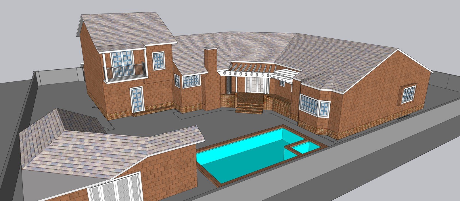 Aerial view of a Malibu house model and rectangular pool