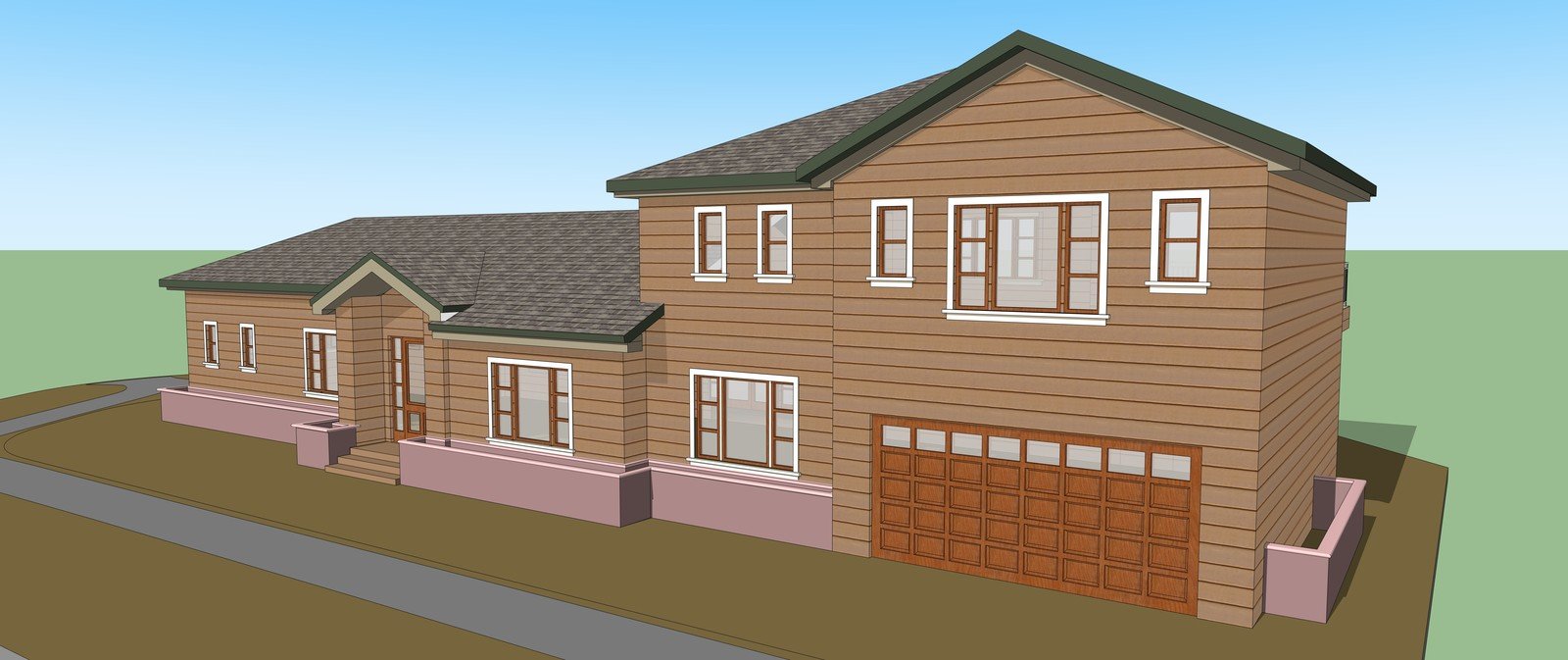 Brown-clad two-storey residence model with an attached garage