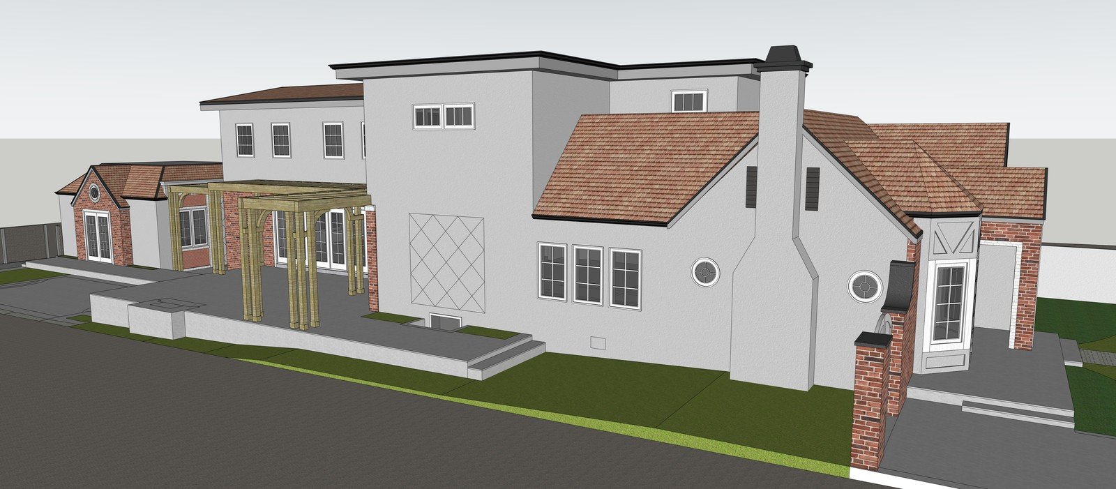 White residence model with a chimney and glazed rear elevation