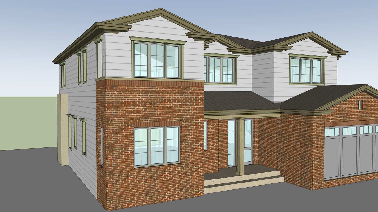 Corner view of a brick and white-clad house model