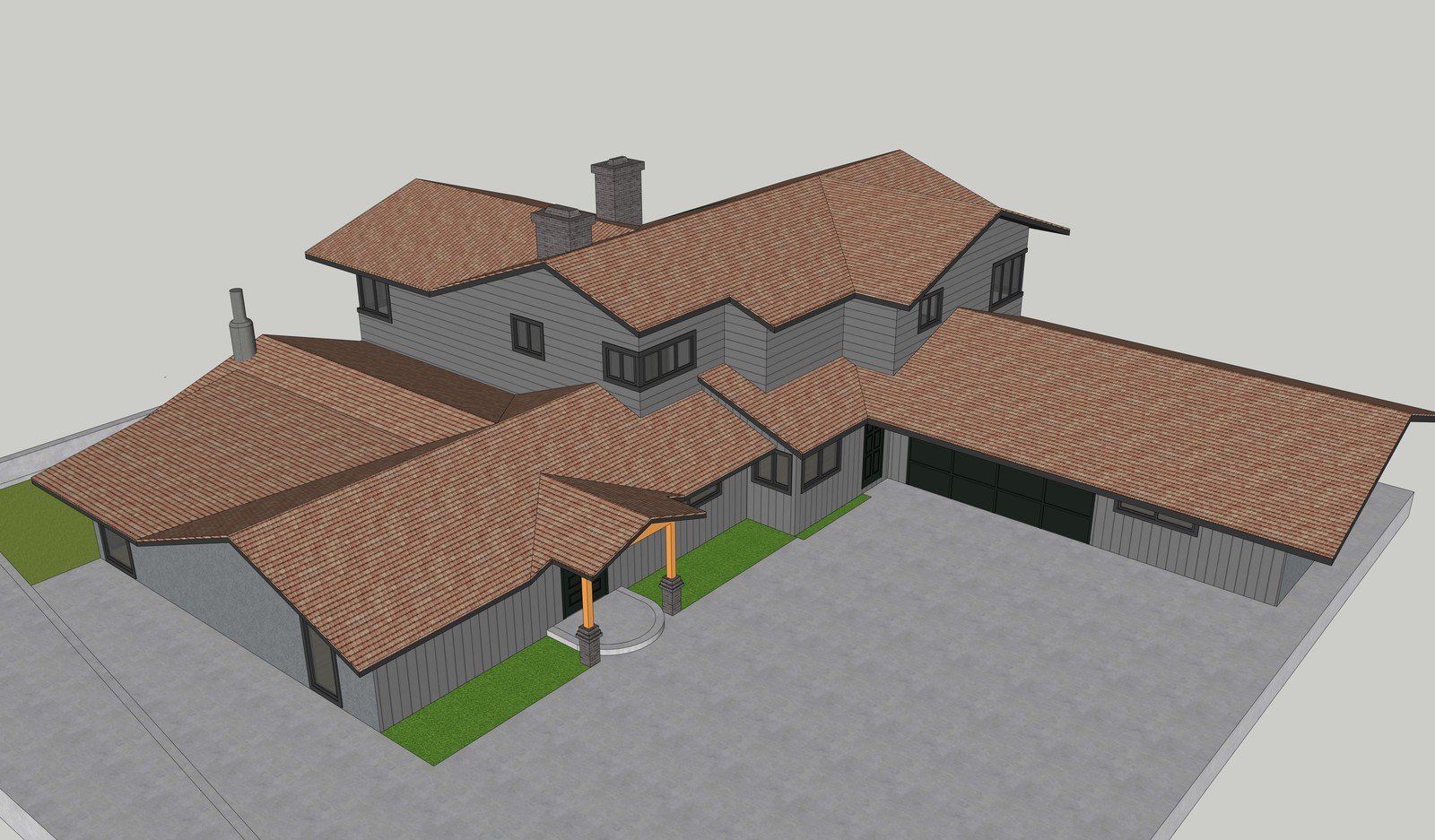 Overhead house model showing the roof layout and garage