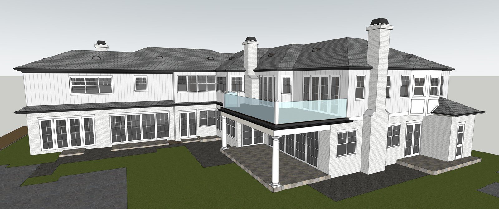 Rear elevation of a white house model with balconies