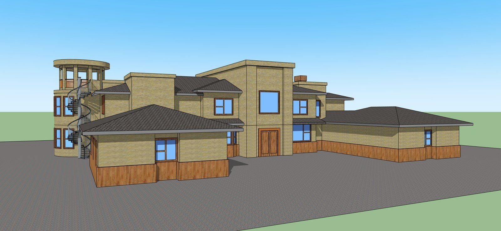 Contemporary house model with a tower and low side wings