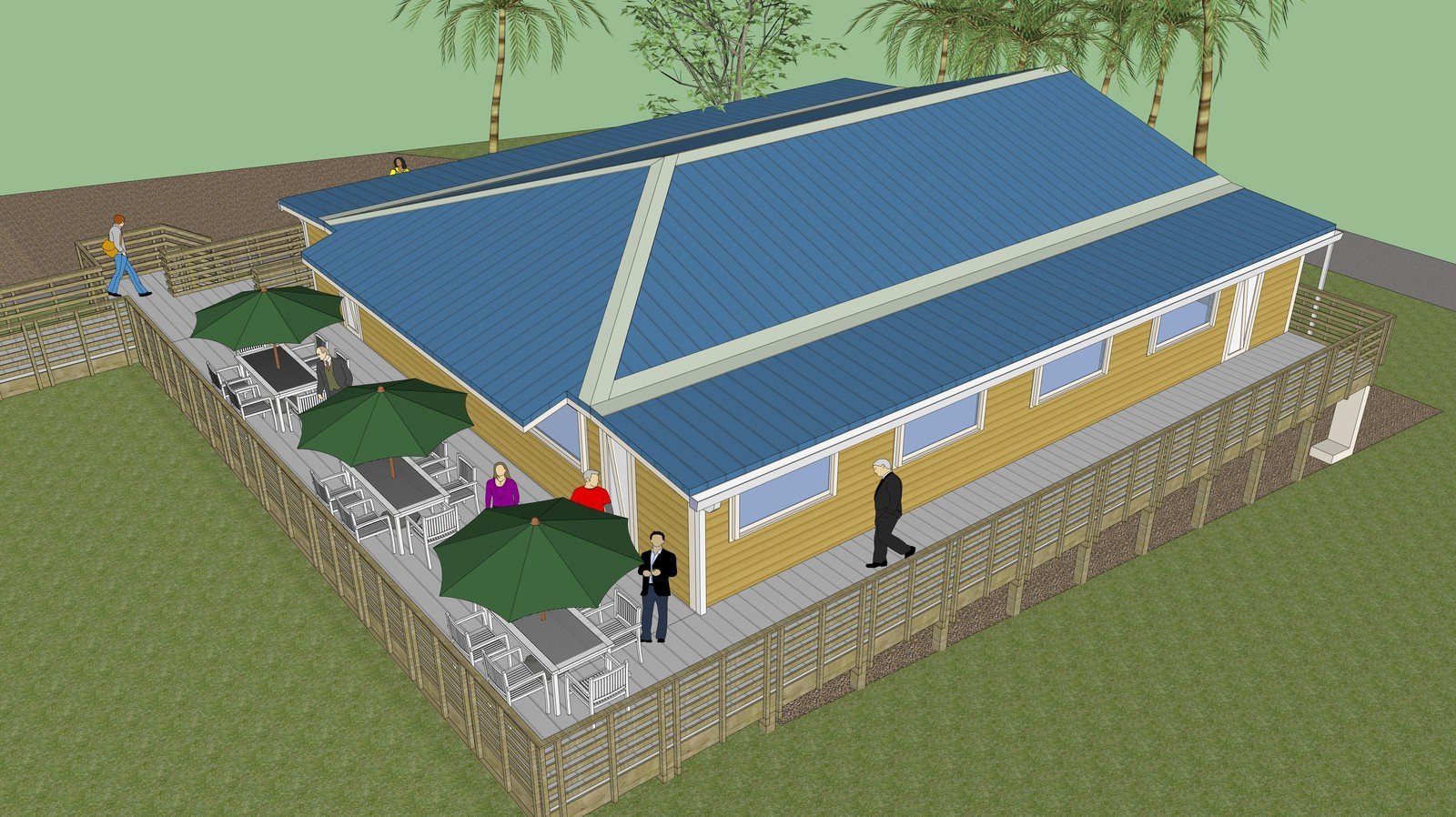 Aerial SketchUp view of a Florida restaurant and outdoor dining area