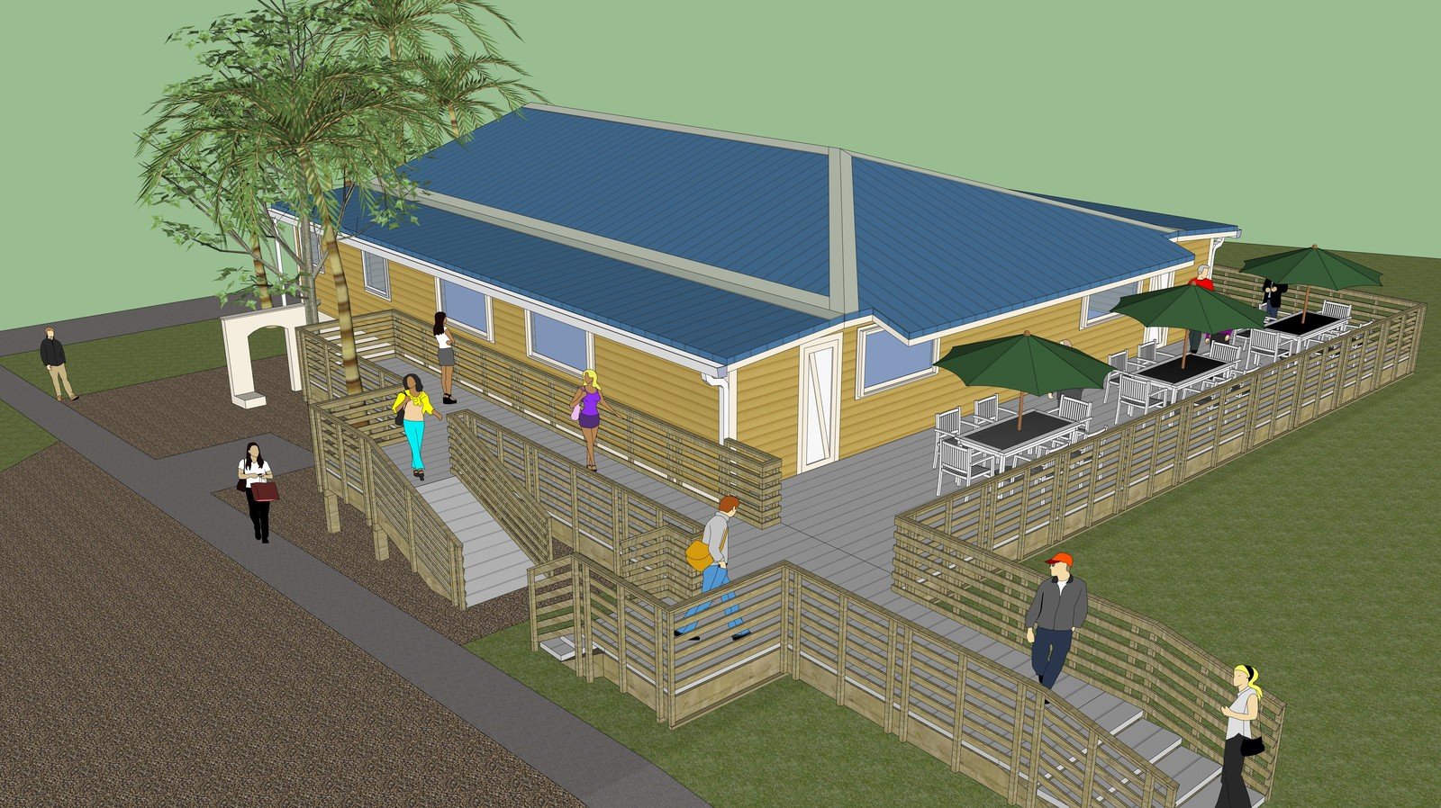 Restaurant model showing the blue roof and patio boundary