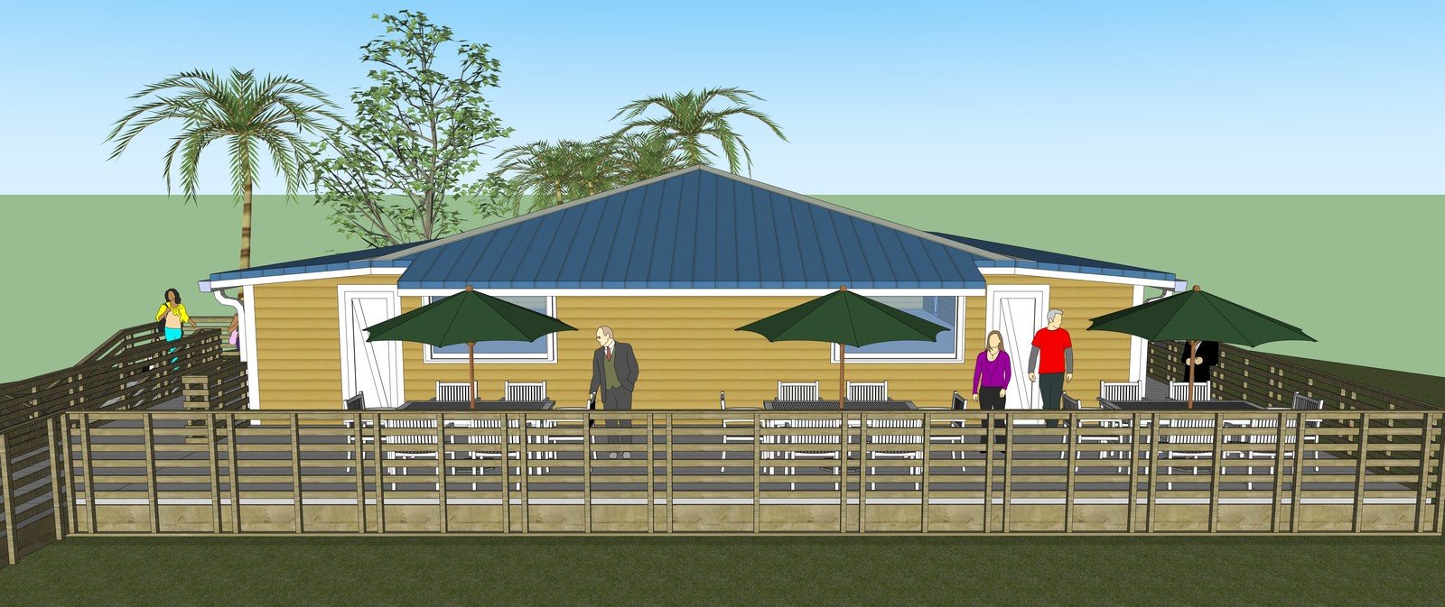 Street-side view of a restaurant patio model with umbrellas