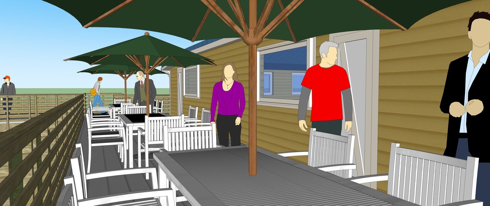 Restaurant terrace model with tables beneath outdoor umbrellas