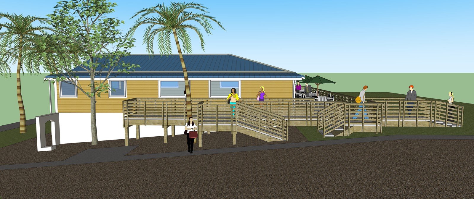 Wide side view of the Florida restaurant and fenced patio model