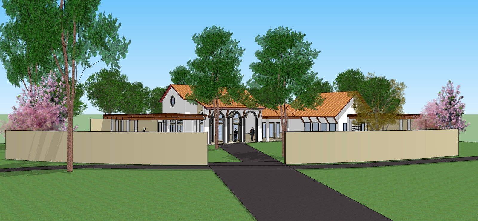 Texas school campus model viewed from the entrance path