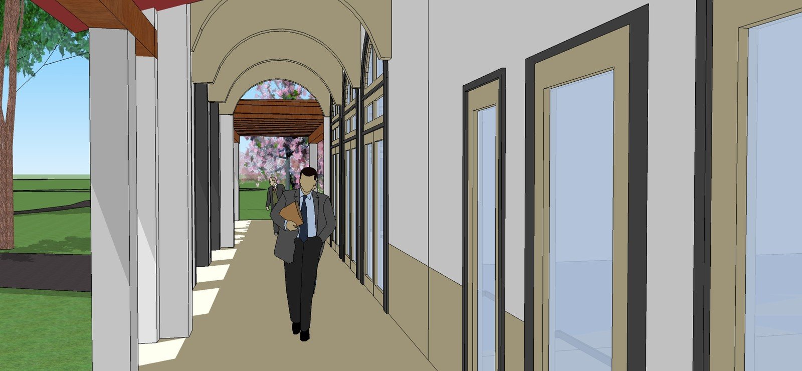 Covered school walkway model with classroom doors