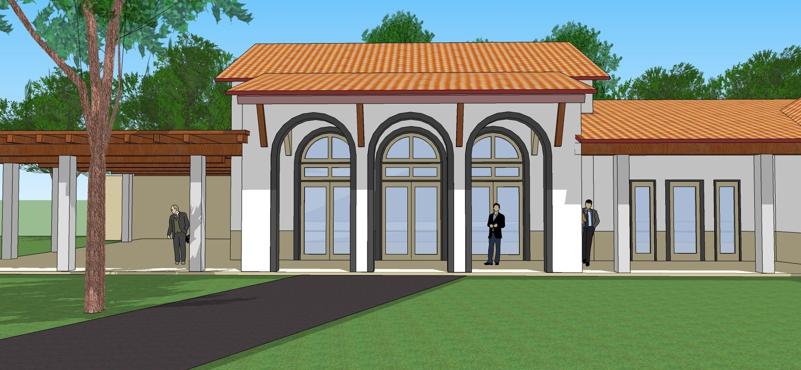 School entrance model with three tall arched windows