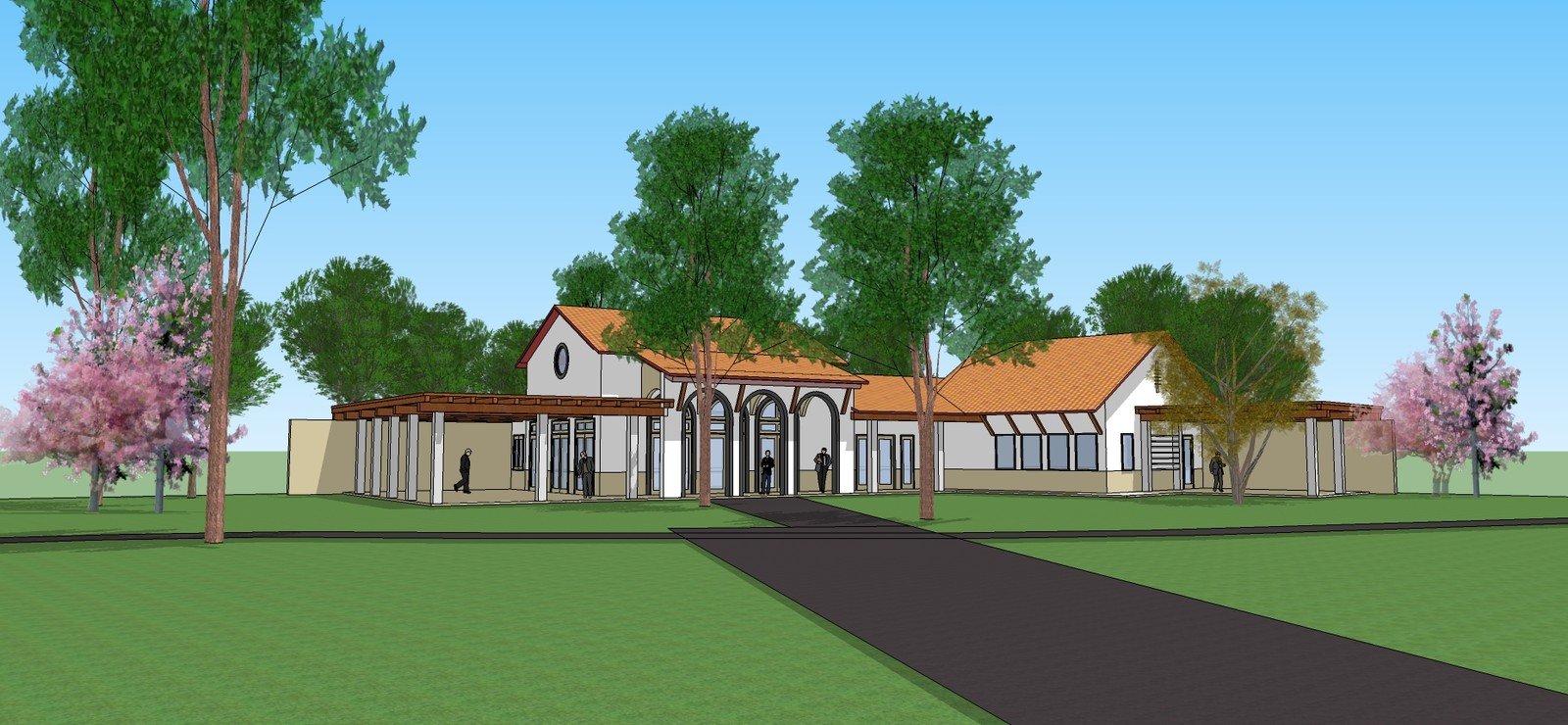 School building model framed by trees and an entrance path