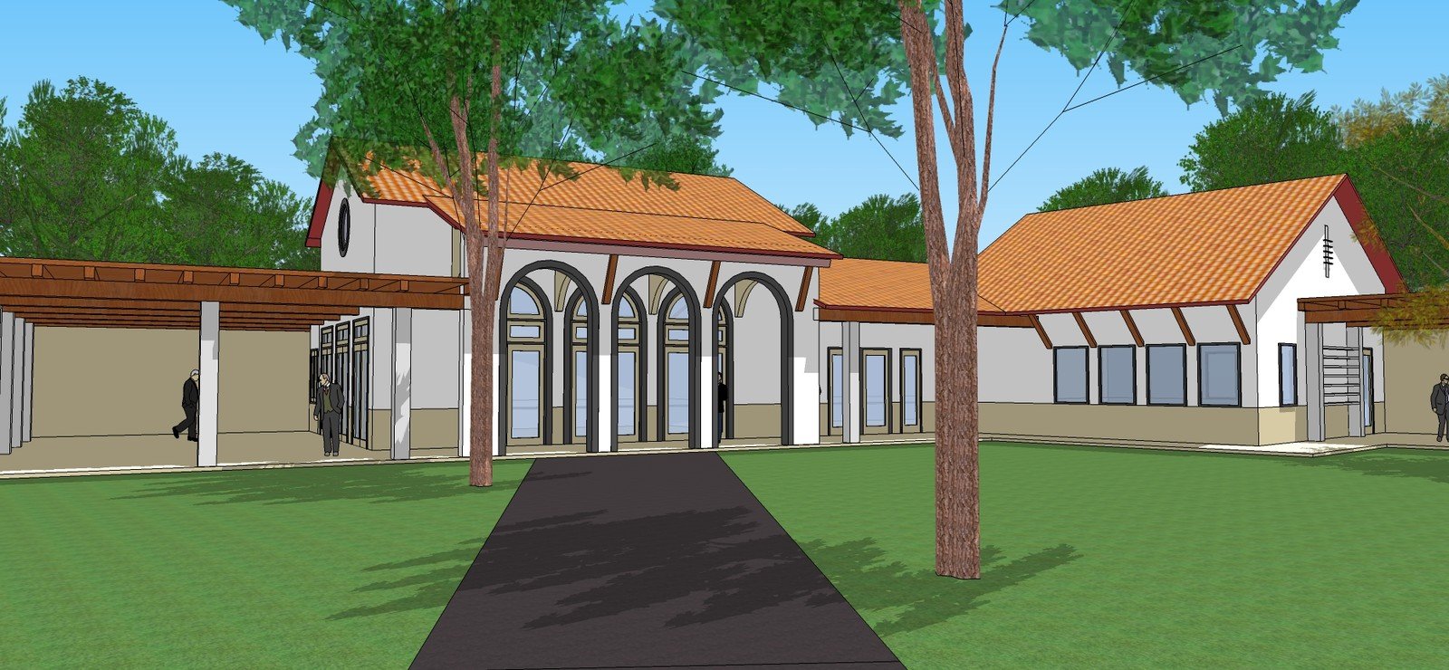 Close view of the school's arched entrance model