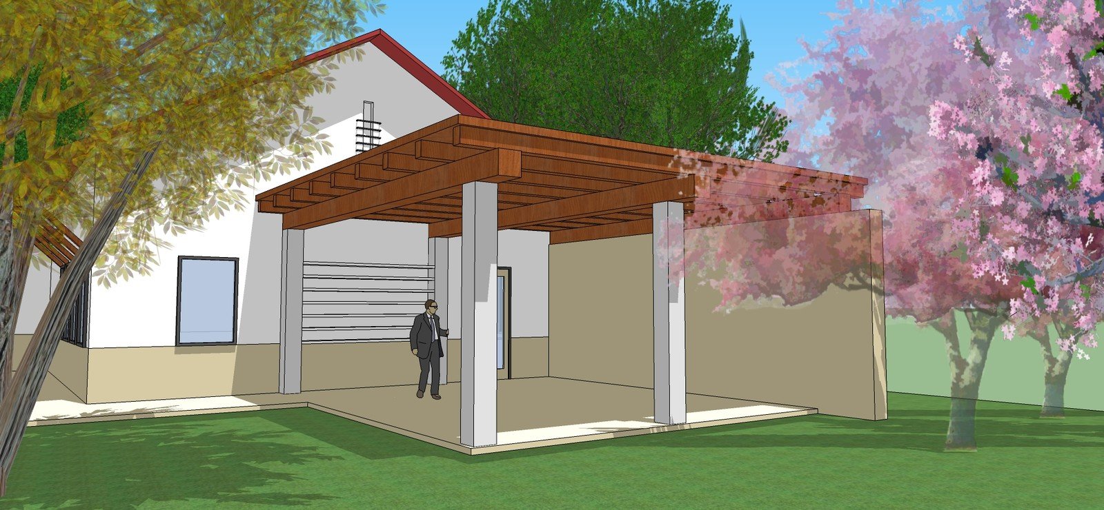 School campus model with a timber-covered outdoor structure