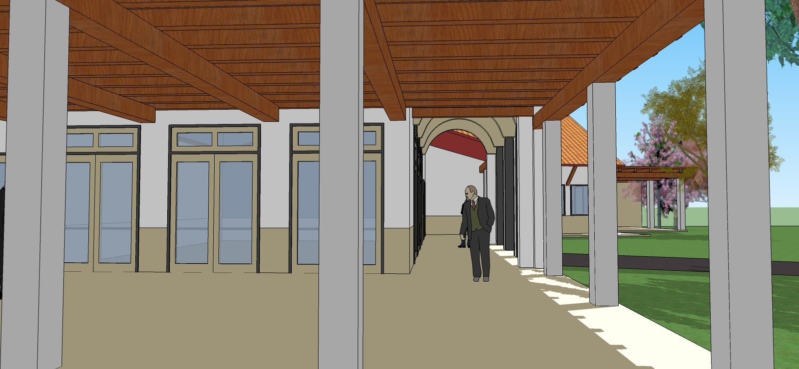 School colonnade model looking along the covered walkway